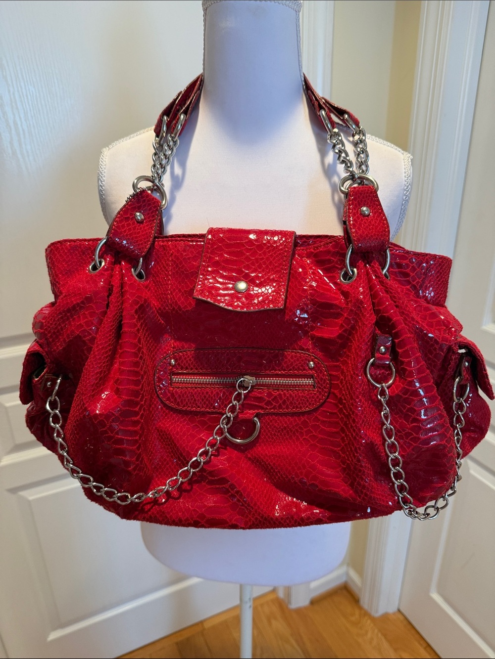 Nicole Lee Red Faux Snakeskin Shoulder Bag with Chain Handles